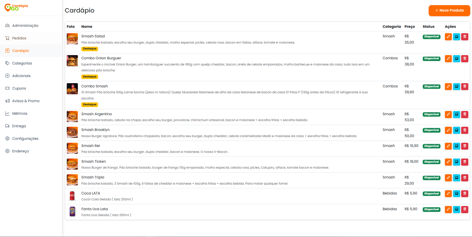 Gestão do Cardápio