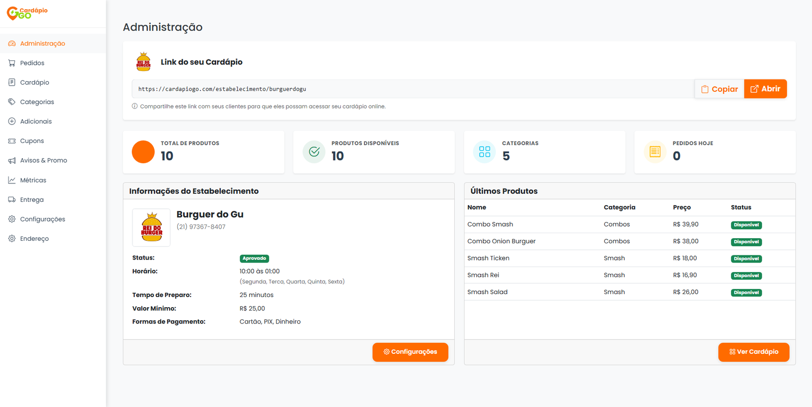 Dashboard do Sistema